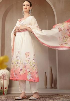 Cream Printed Chanderi Silk Kurta Dupatta Set