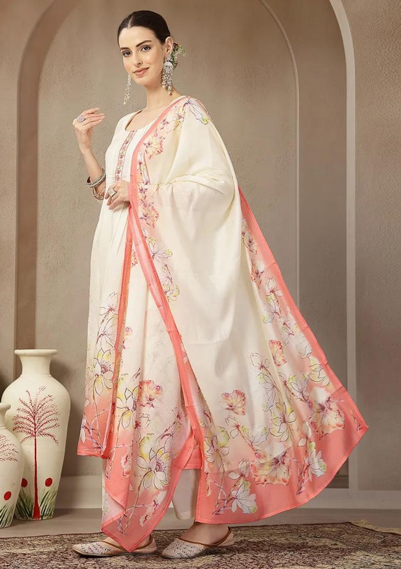 Cream Printed Chanderi Silk Kurta Dupatta Set - Indya
