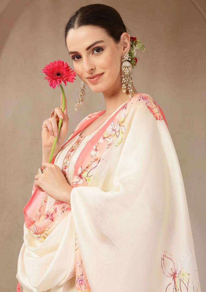 Cream Printed Chanderi Silk Kurta Dupatta Set - Indya