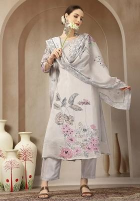 Light Grey Motif Chanderi Silk Kurta Dupatta Set