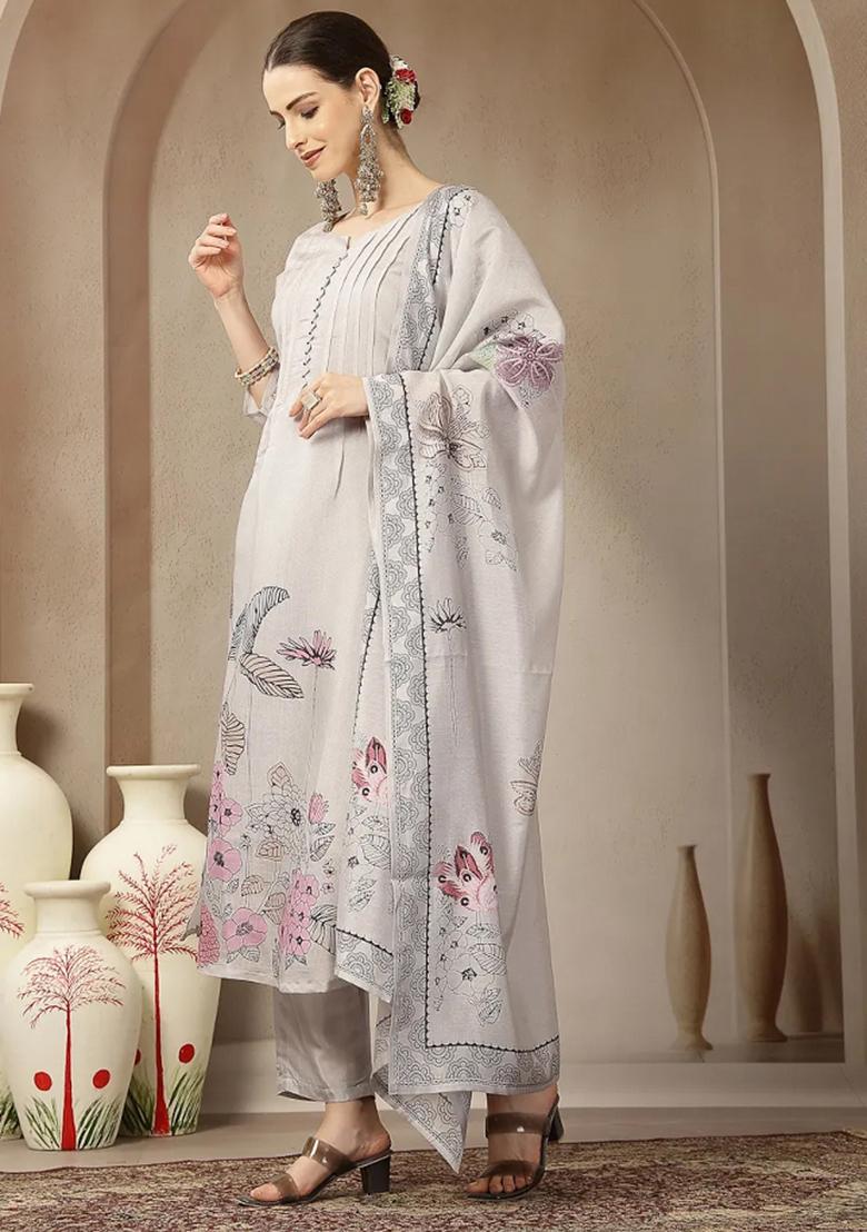 Light Grey Motif Chanderi Silk Kurta Dupatta Set - Indya