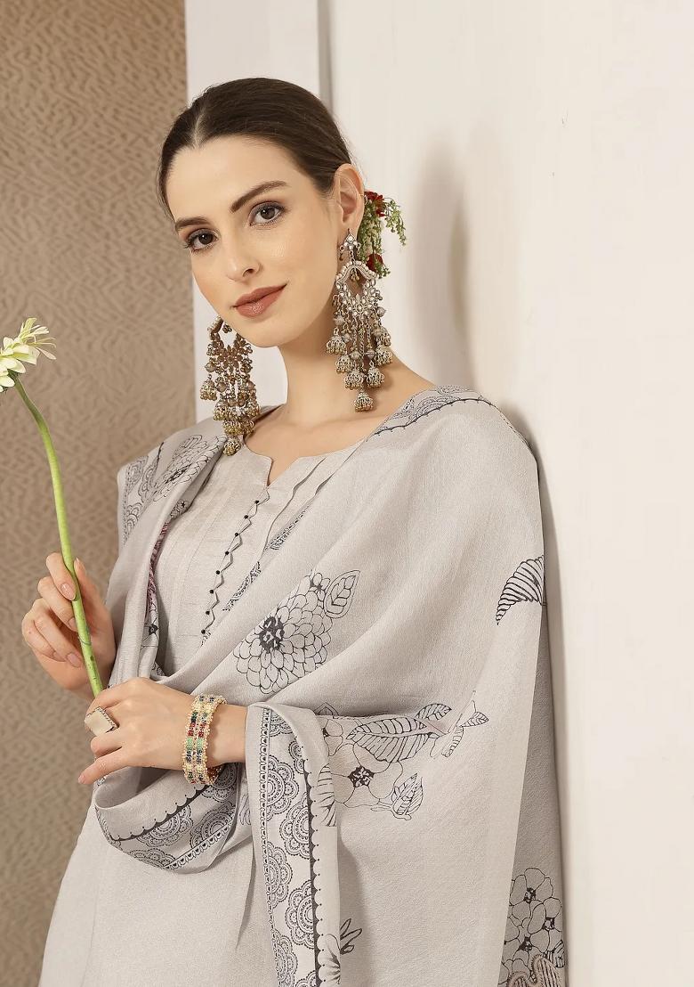 Light Grey Motif Chanderi Silk Kurta Dupatta Set - Indya
