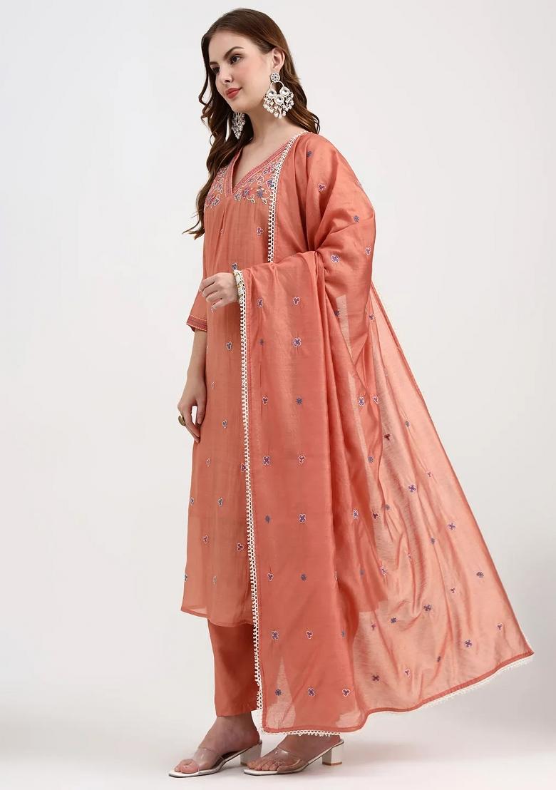 Peach Motif Chanderi Silk Kurta Dupatta Set - Indya