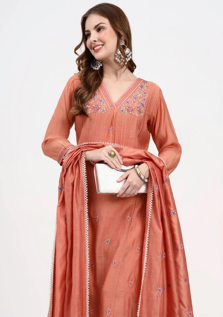 Peach Motif Chanderi Silk Kurta Dupatta Set - Indya