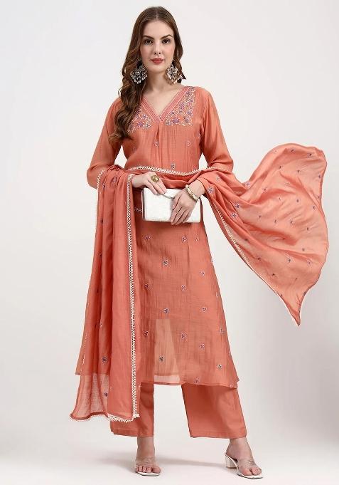 Peach Motif Chanderi Silk Kurta Dupatta Set