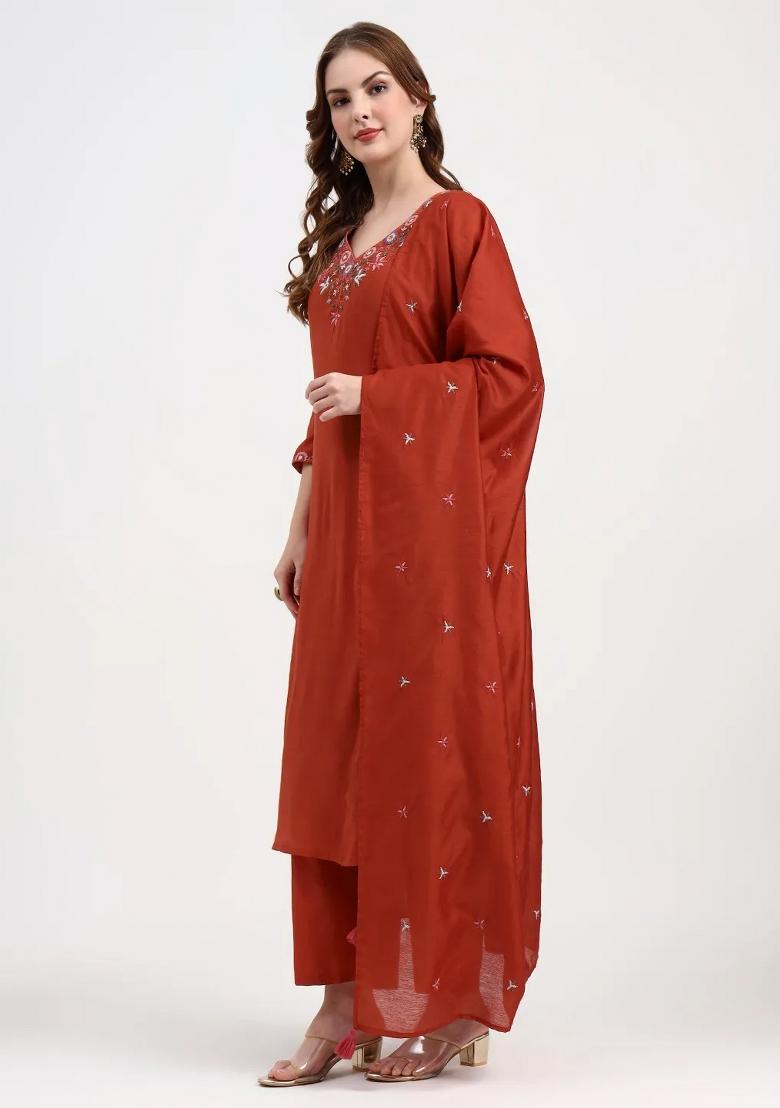 Red Motif Chanderi Silk Kurta Dupatta Set - Indya