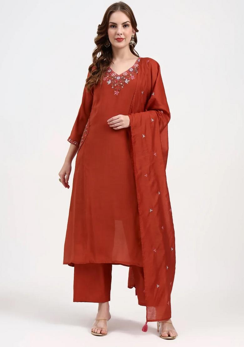 Red Motif Chanderi Silk Kurta Dupatta Set - Indya