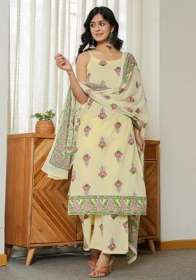 Yellow Motif Cotton Kurta Dupatta Set