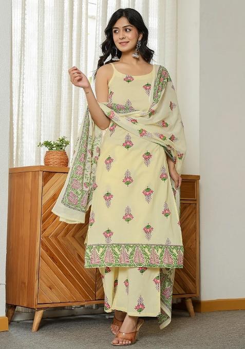 Yellow Motif Cotton Kurta Dupatta Set