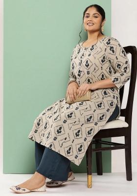 Beige Printed Cotton Kurta Set