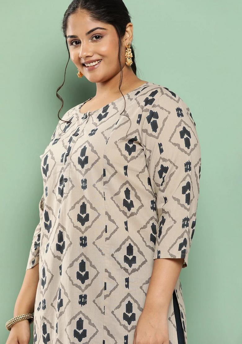 Beige Printed Cotton Kurta Set - Indya