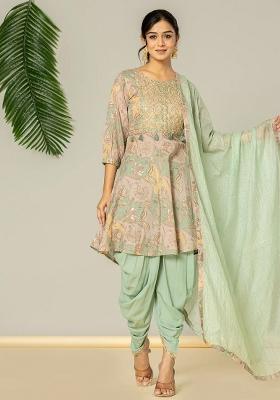 Green Embroidered Cotton Kurta Dupatta Set
