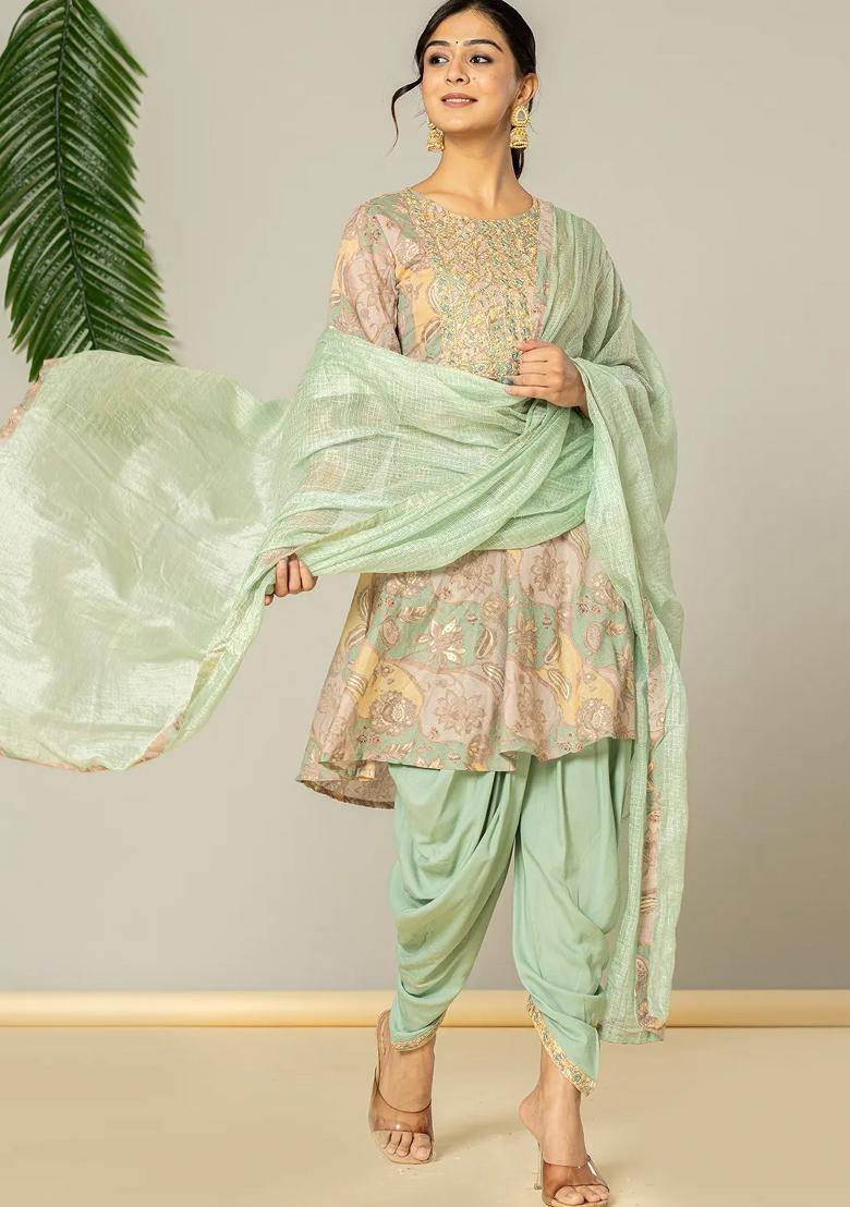 Green Embroidered Cotton Kurta Dupatta Set - Indya