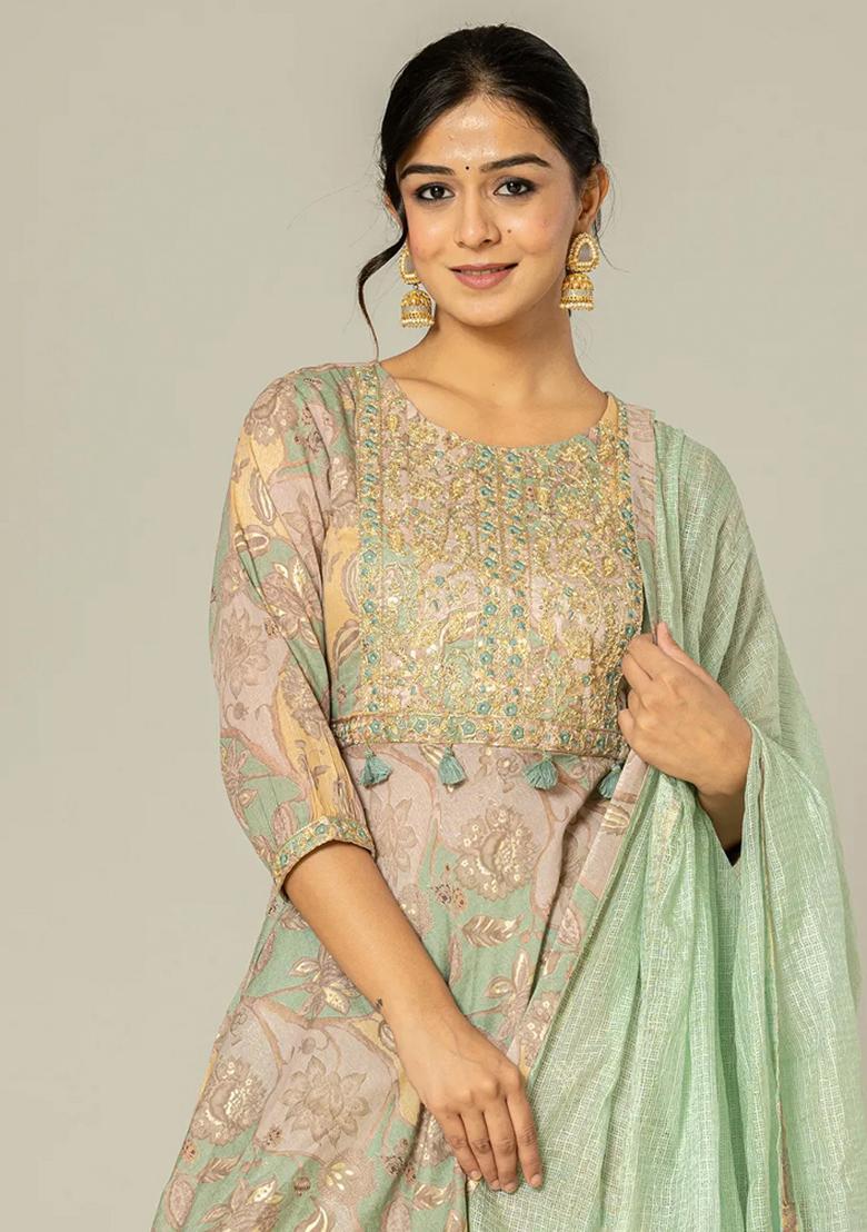 Green Embroidered Cotton Kurta Dupatta Set - Indya