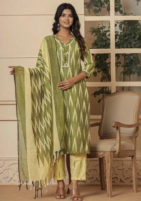 Dark Green Printed Cotton Kurta Dupatta Set