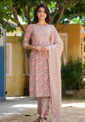 Beige Printed Cotton Kurta Dupatta Set