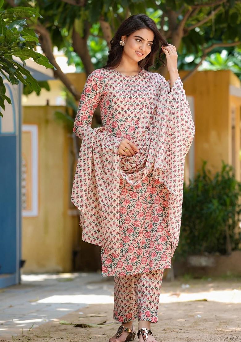 Beige Printed Cotton Kurta Dupatta Set - Indya