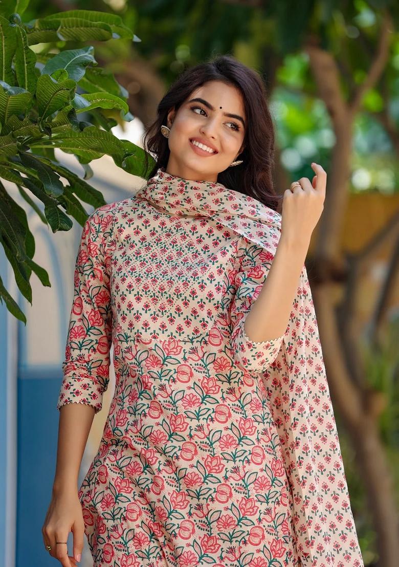 Beige Printed Cotton Kurta Dupatta Set - Indya