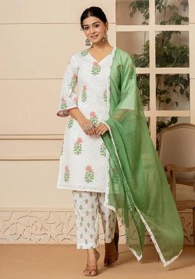 Red Printed Cotton Kurta Dupatta Set