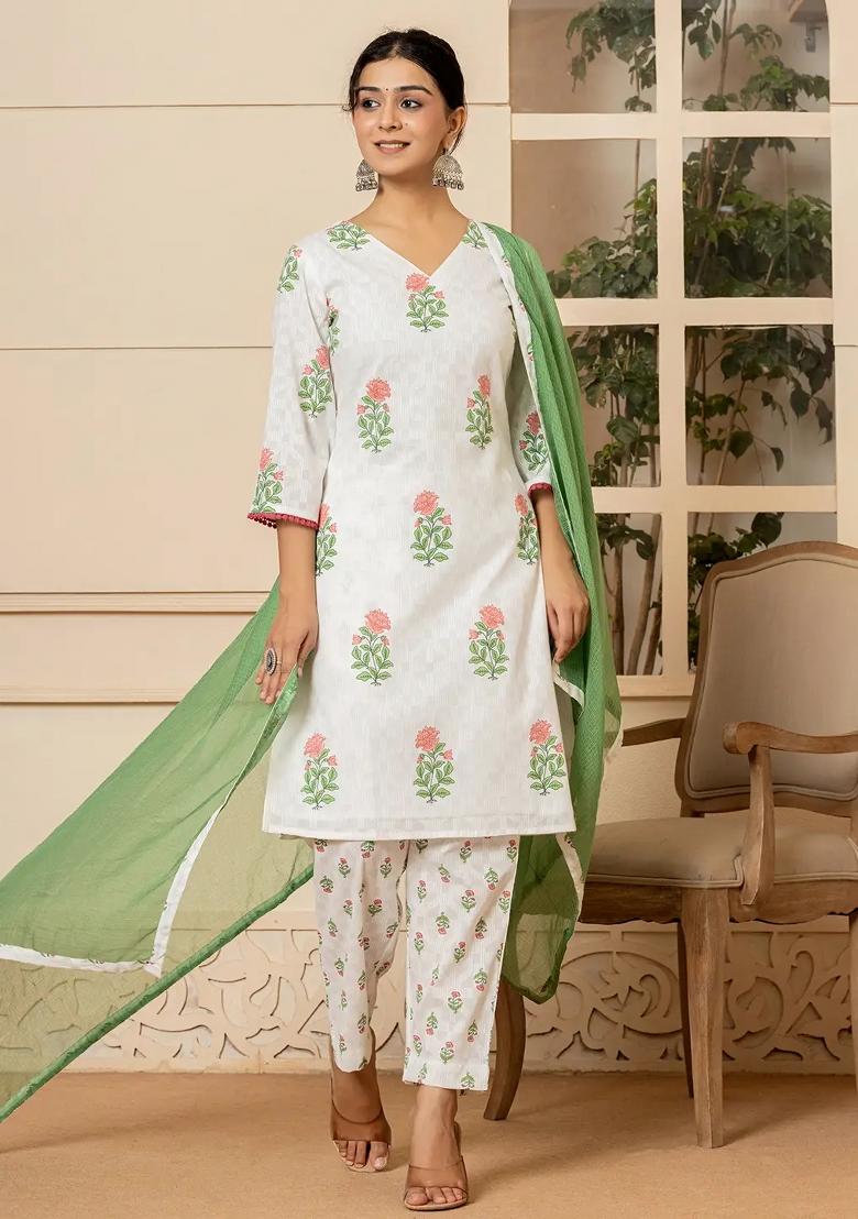 Red Printed Cotton Kurta Dupatta Set - Indya