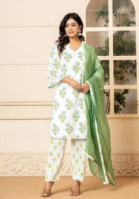 Teal Blue Printed Cotton Kurta Dupatta Set