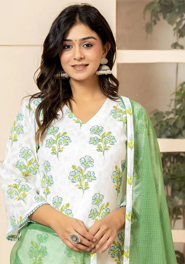 Teal Blue Printed Cotton Kurta Dupatta Set - Indya