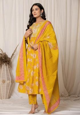 Mustard Embroidered Cotton Kurta Dupatta Set