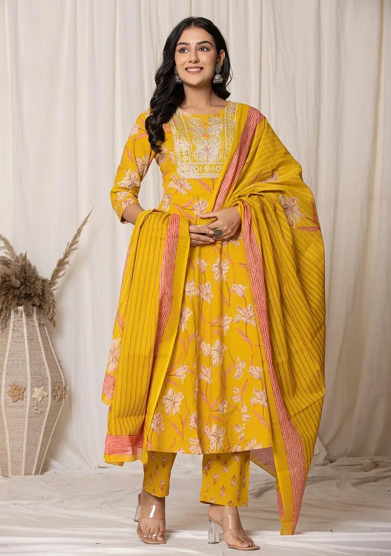 Mustard Embroidered Cotton Kurta Dupatta Set - Indya