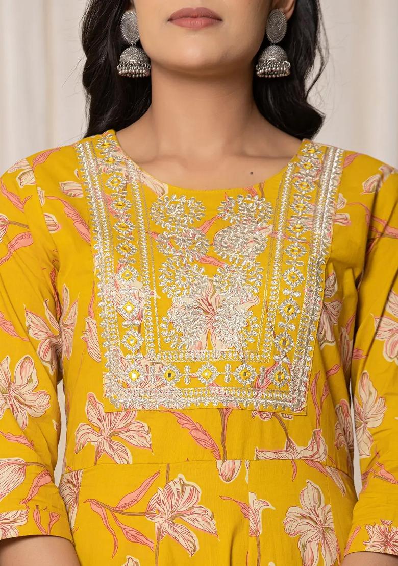 Mustard Embroidered Cotton Kurta Dupatta Set - Indya