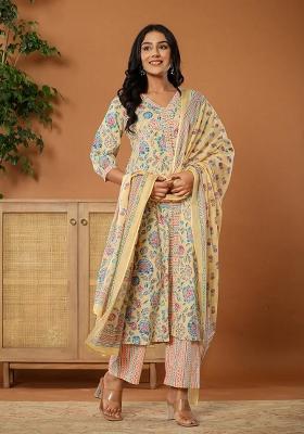 Yellow Motif Cotton Kurta Dupatta Set