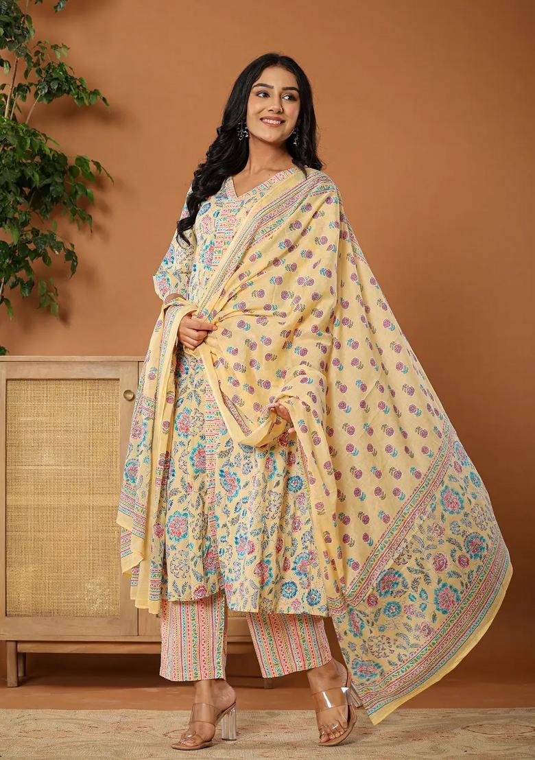 Yellow Motif Cotton Kurta Dupatta Set - Indya