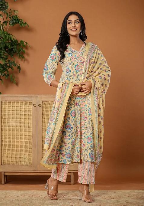 Yellow Motif Cotton Kurta Dupatta Set