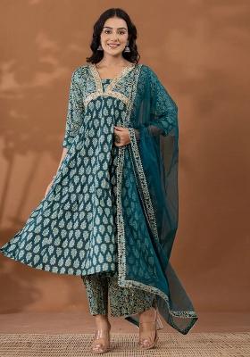Green Motif Cotton Kurta Dupatta Set