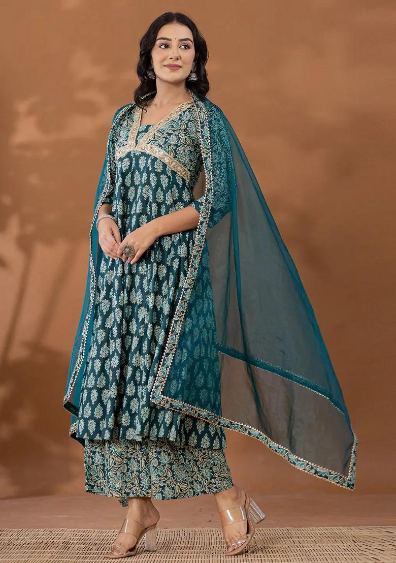 Green Motif Cotton Kurta Dupatta Set - Indya