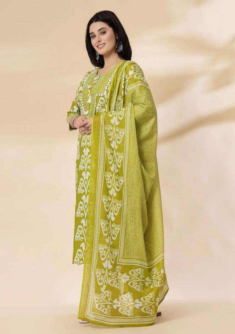 Green Motif Cotton Kurta Dupatta Set - Indya