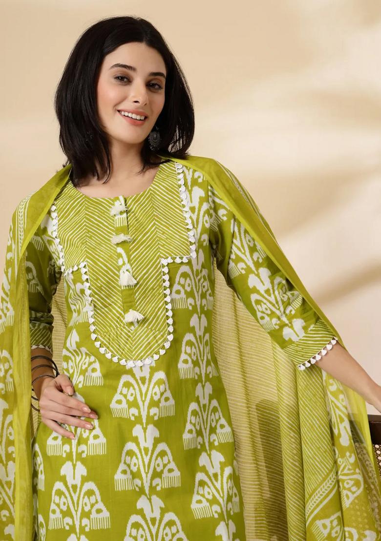 Green Motif Cotton Kurta Dupatta Set - Indya