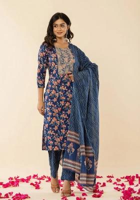 Blue Embroidered Cotton Kurta Dupatta Set