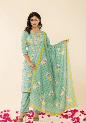 Sea Green Embroidered Cotton Kurta Dupatta Set
