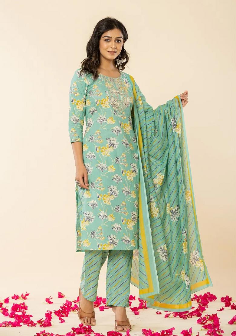 Sea Green Embroidered Cotton Kurta Dupatta Set - Indya