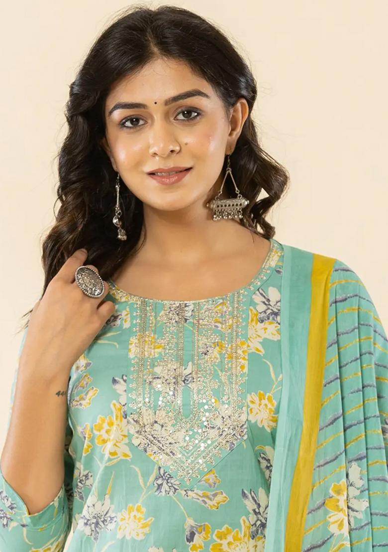 Sea Green Embroidered Cotton Kurta Dupatta Set - Indya