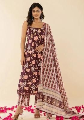 Brown Motif Cotton Kurta Dupatta Set