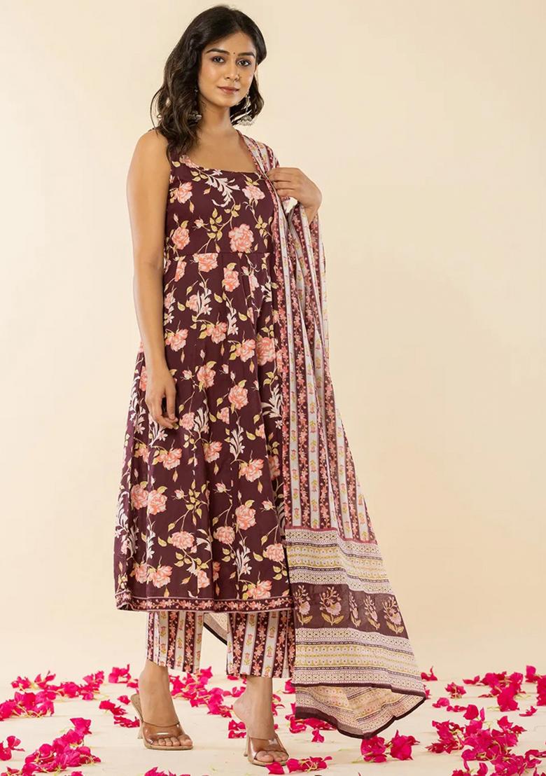Brown Motif Cotton Kurta Dupatta Set - Indya