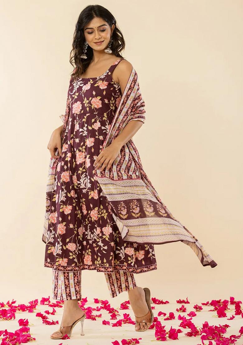 Brown Motif Cotton Kurta Dupatta Set - Indya