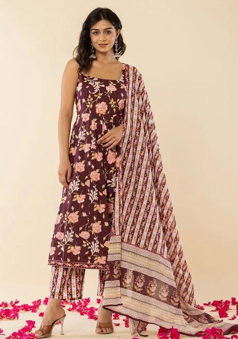 Brown Motif Cotton Kurta Dupatta Set