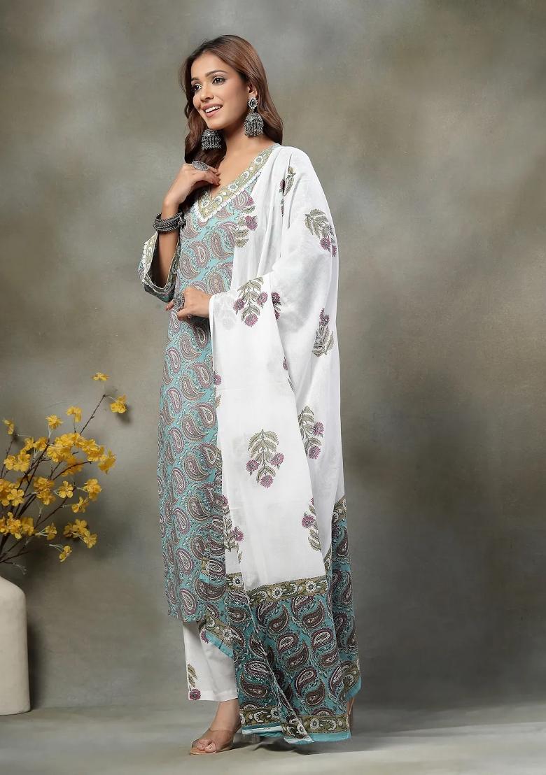 Sky Blue Motif Cotton Kurta Dupatta Set - Indya