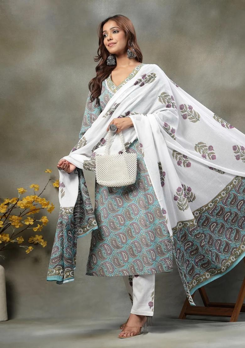 Sky Blue Motif Cotton Kurta Dupatta Set - Indya