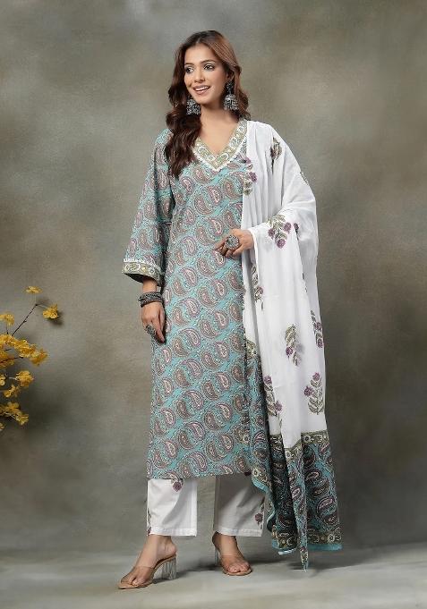 Sky Blue Motif Cotton Kurta Dupatta Set