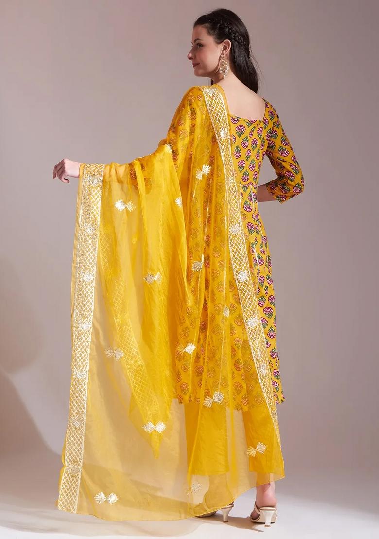Mustard Motif Cotton Kurta Dupatta Set - Indya