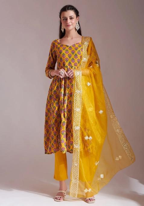 Mustard Motif Cotton Kurta Dupatta Set