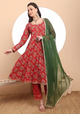 Red Motif Cotton Kurta Dupatta Set